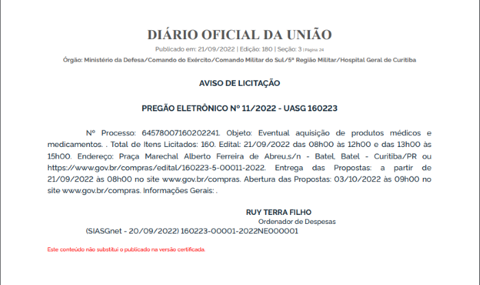 PREGÃO ELETRÔNICO No 11/2022 - UASG 160223